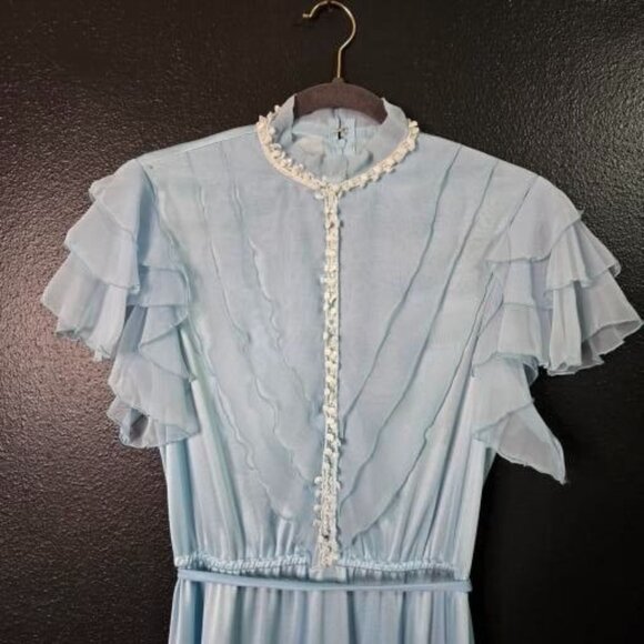 Vintage Prairie Cottagecore 70s Small Flutter Sleeve Pleated Powder Blue Maxi Dr - Picture 4 of 7